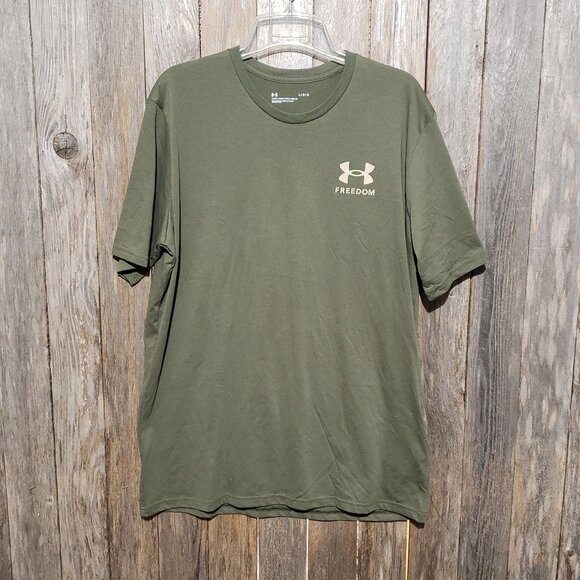 Under Armour L Shirt Men's Short Sleeve Green Freedom USA Patriotic MAGA Tee - Picture 1 of 5